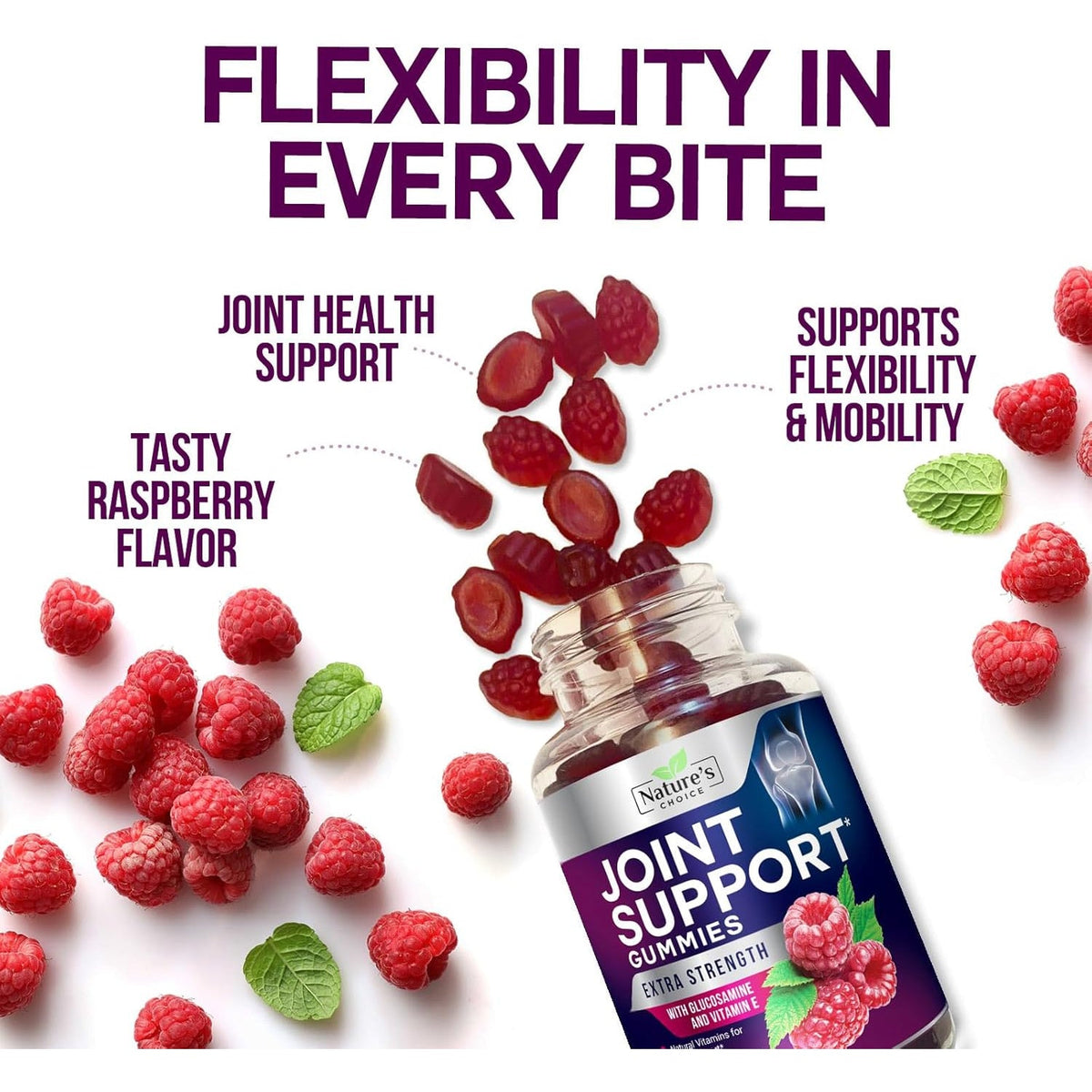 Joint Support Gummies - Extra Strength Glucosamine Gummy Supplement with Vitamin E - Natural Cartilage Joint Health & Flexibility Support, Best Support Glucosamine Chew for Men & Women - 60 Gummies