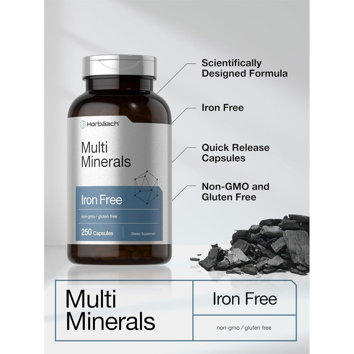 Horbäach Multi Minerals Supplement | 250 Capsules | Iron Free | Daily Mineral Complex for Men and Women | Non-Gmo & Gluten Free