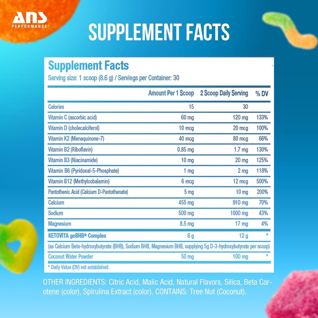 ANS Performance Ketovita Supplement Beta-Hydroxybutyrate Ketones Drink Powder with Zero Sugar and 30 Servings, Boosts Metabolism, Pineapple Punch
