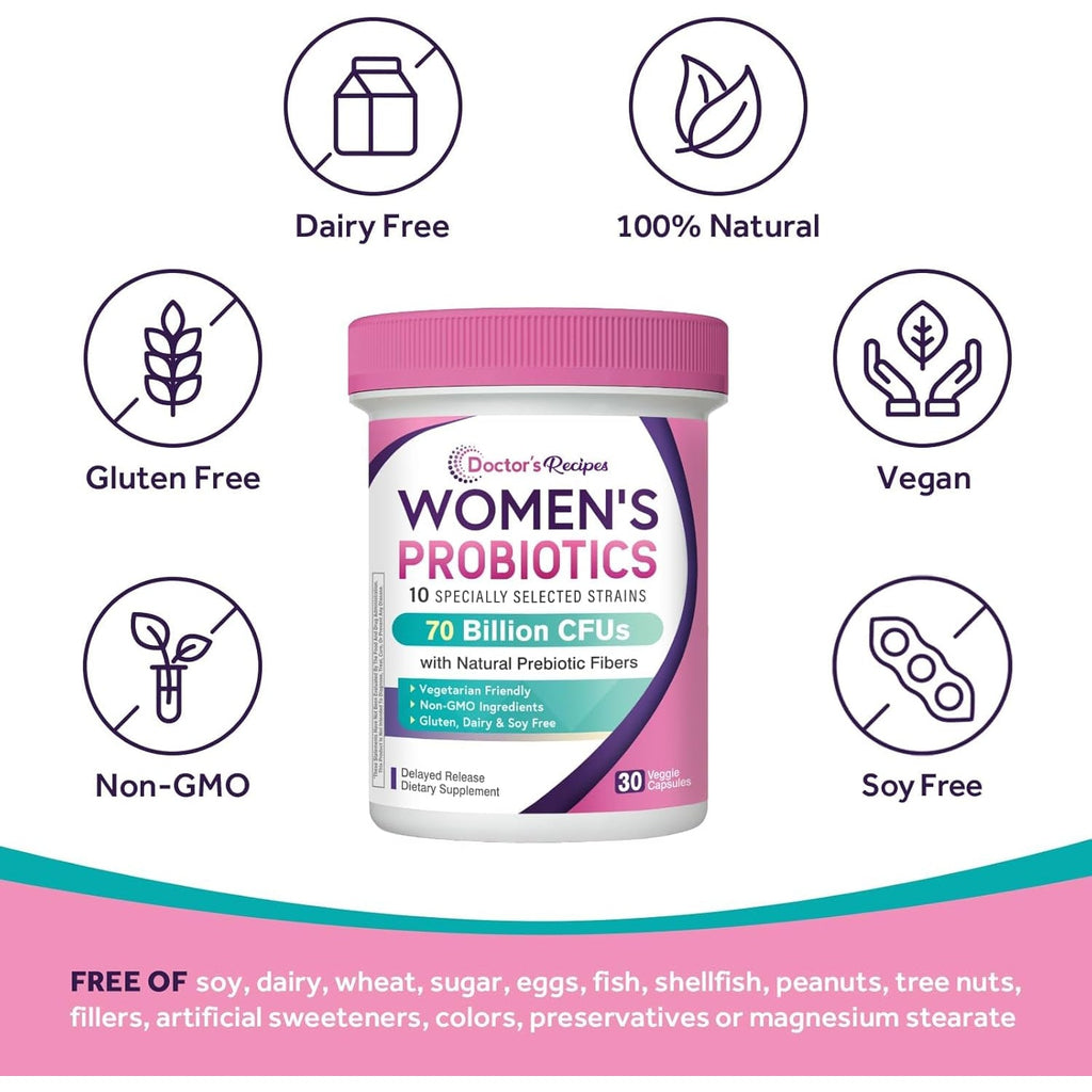 Doctor'S Recipes Probiotics for Women, Organic Prebiotics and Probiotics, 70 Billion CFU, 10 Strains, Shelf Stable, 30 Capsules