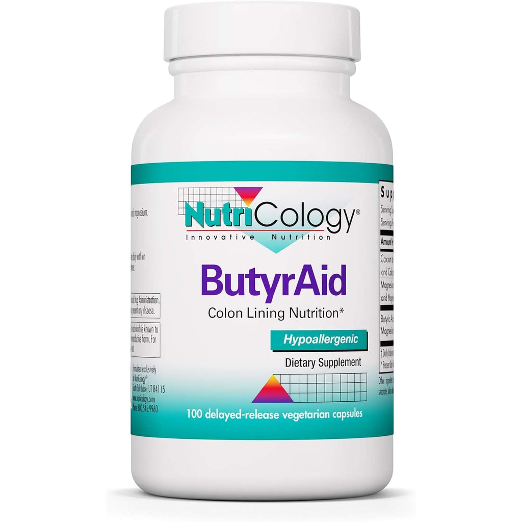 Nutricology Butyraid Colon Lining Nutrition - Supports Gut and Colon Health - Digestive Support - Delivers 200 Mg - Vegetarian & Hypoallergenic - 100 Servings - 100 Delayed-Release Capsules
