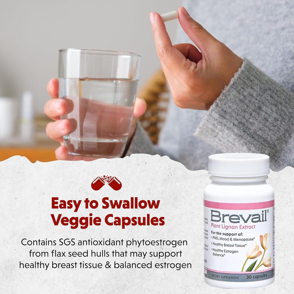 Brevail Plant Lignan Extract Capsules, Proactive Breast Health Supplement with 50 Mg SDG Lignans from Flax Seed Hulls for Healthy Estrogen Balance and PMS Mood Support Pills, 30 Count