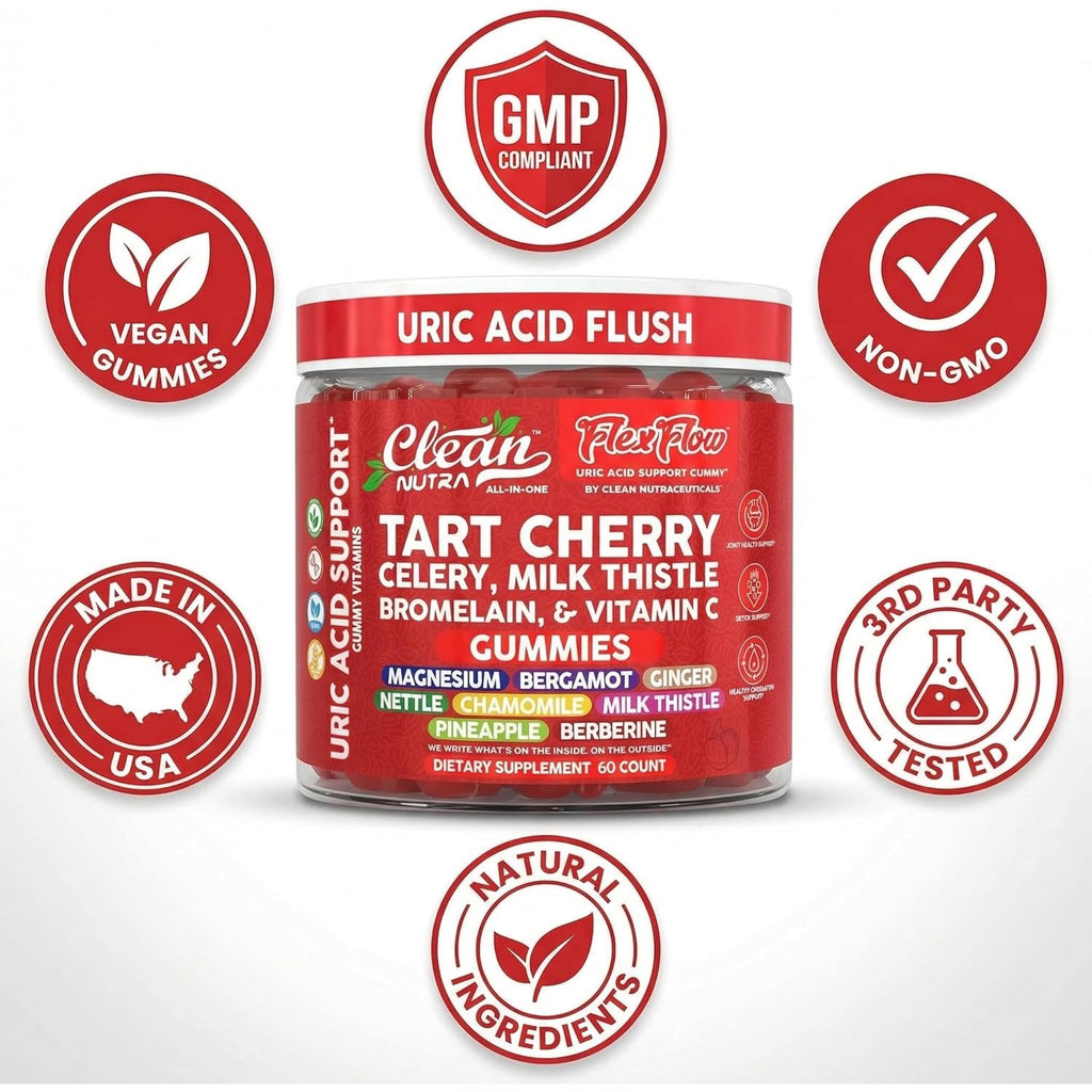 Clean Nutra Tart Cherry Gummies Uric Acid Flush Celery Milk Thistle Bromelain Vitamin C Magnesium Citrus Bergamot Ginger Stinging Nettle Leaf Chamomile Berberine Quercetin Support 60 Gummy Vitamins