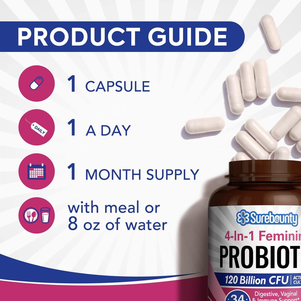 Probiotics for Women, 120 Billion CFU 34 Strains, Prebiotics, Digestive Enzymes, Cranberry, 4-In-1 Feminine Probiotic, Digestive, Vaginal, Immune Support, 30Ct