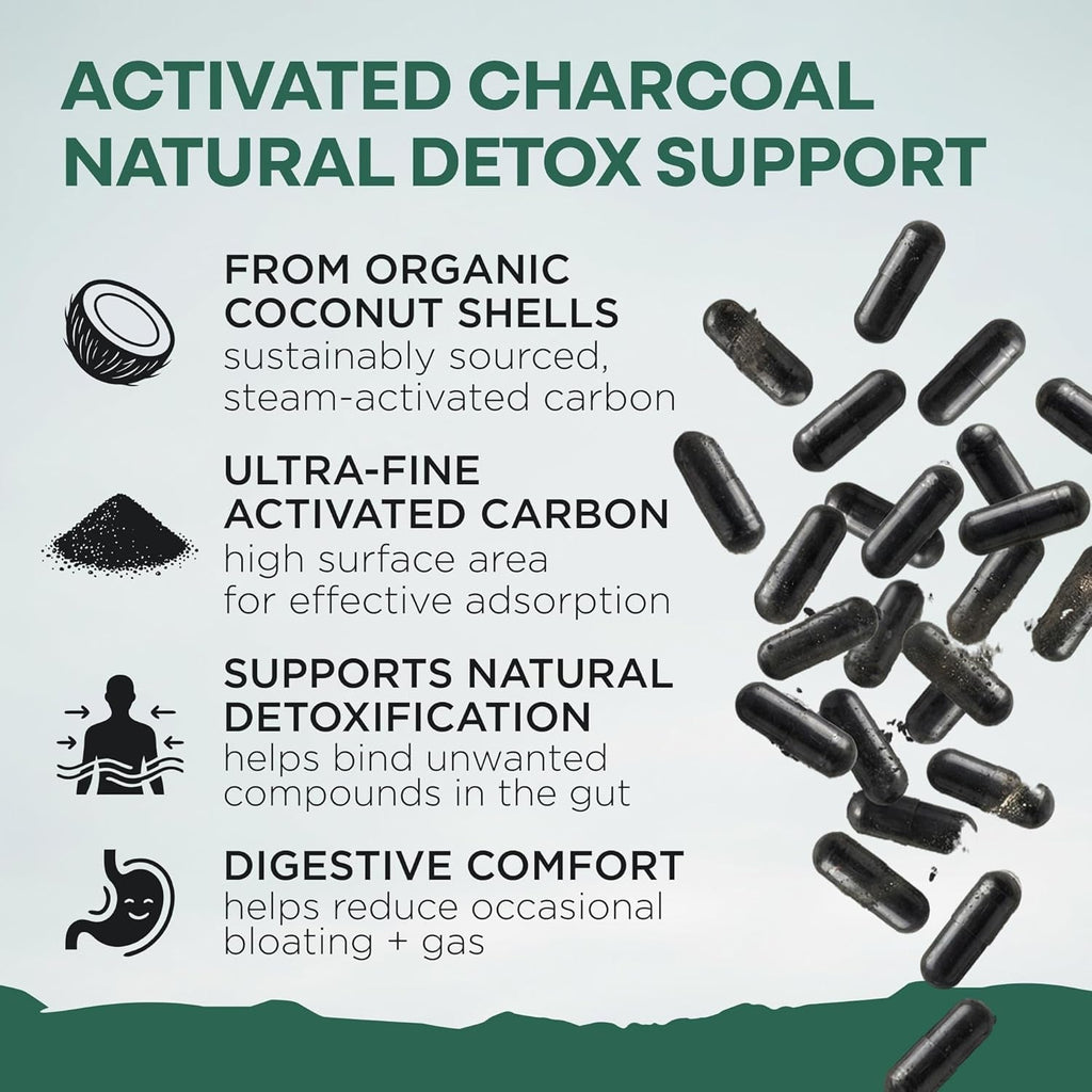 Wild Foods Activated Charcoal Capsules | 100% Organic Coconut Shells Active Tablets | Lab Tested & Non-Gmo Pills | Made in USA (120 Capsules)