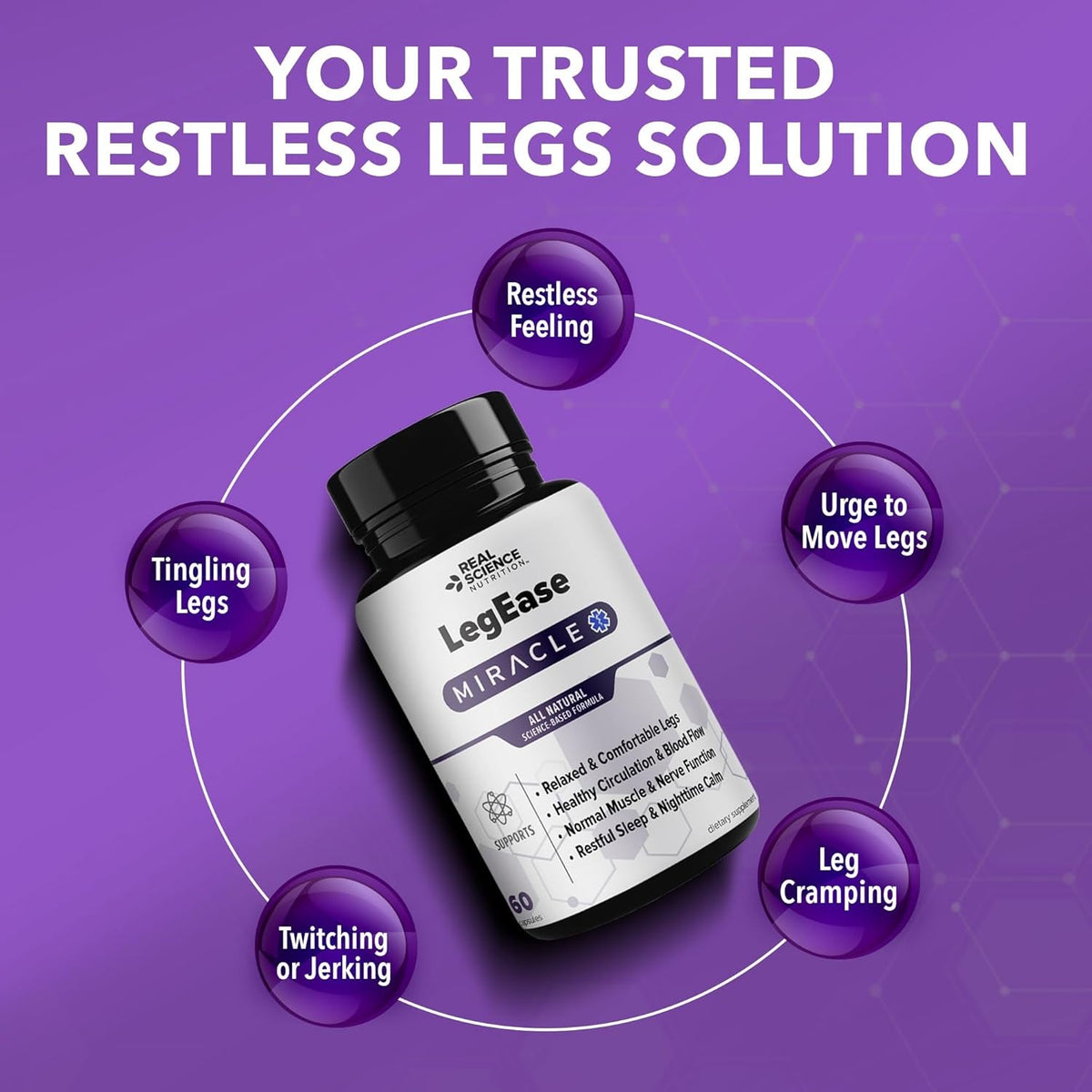Real Science Legease Miracle – All Natural Restless Legs Syndrome Relief & Leg Cramp Supplement with Vitamins C, D, K, B6, B12 + Nitric Oxide Support – Sleep & Circulation Aid – Made in USA, 60 Caps