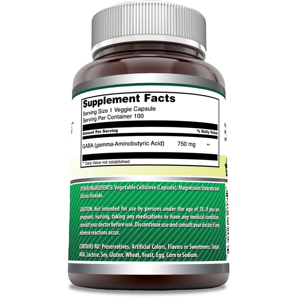 Amazing Formulas GABA Supplement | 750 Mg per Serving | 100 Veggie Capsules | Non-Gmo | Gluten-Free | Made in USA | Ideal for Vegetarians