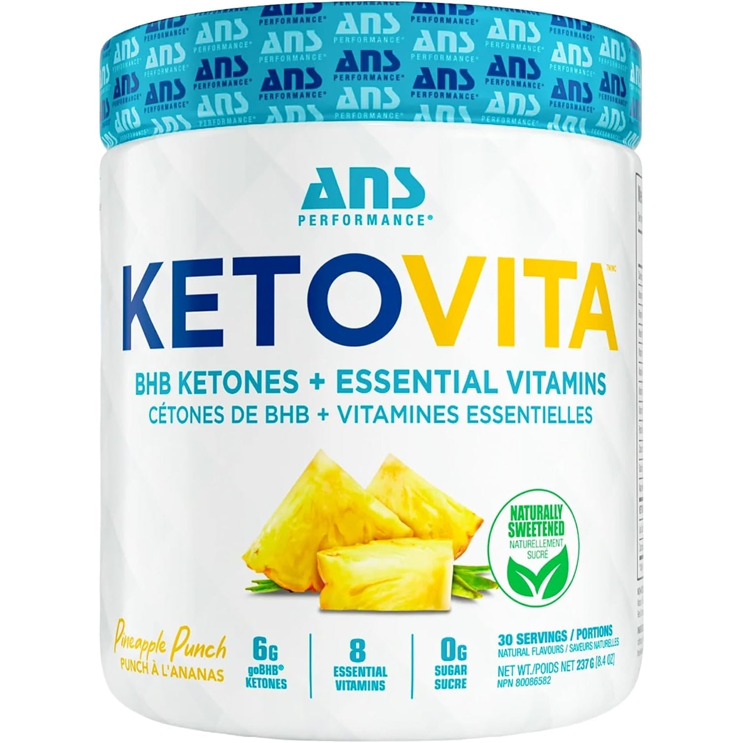 ANS Performance Ketovita Supplement Beta-Hydroxybutyrate Ketones Drink Powder with Zero Sugar and 30 Servings, Boosts Metabolism, Pineapple Punch