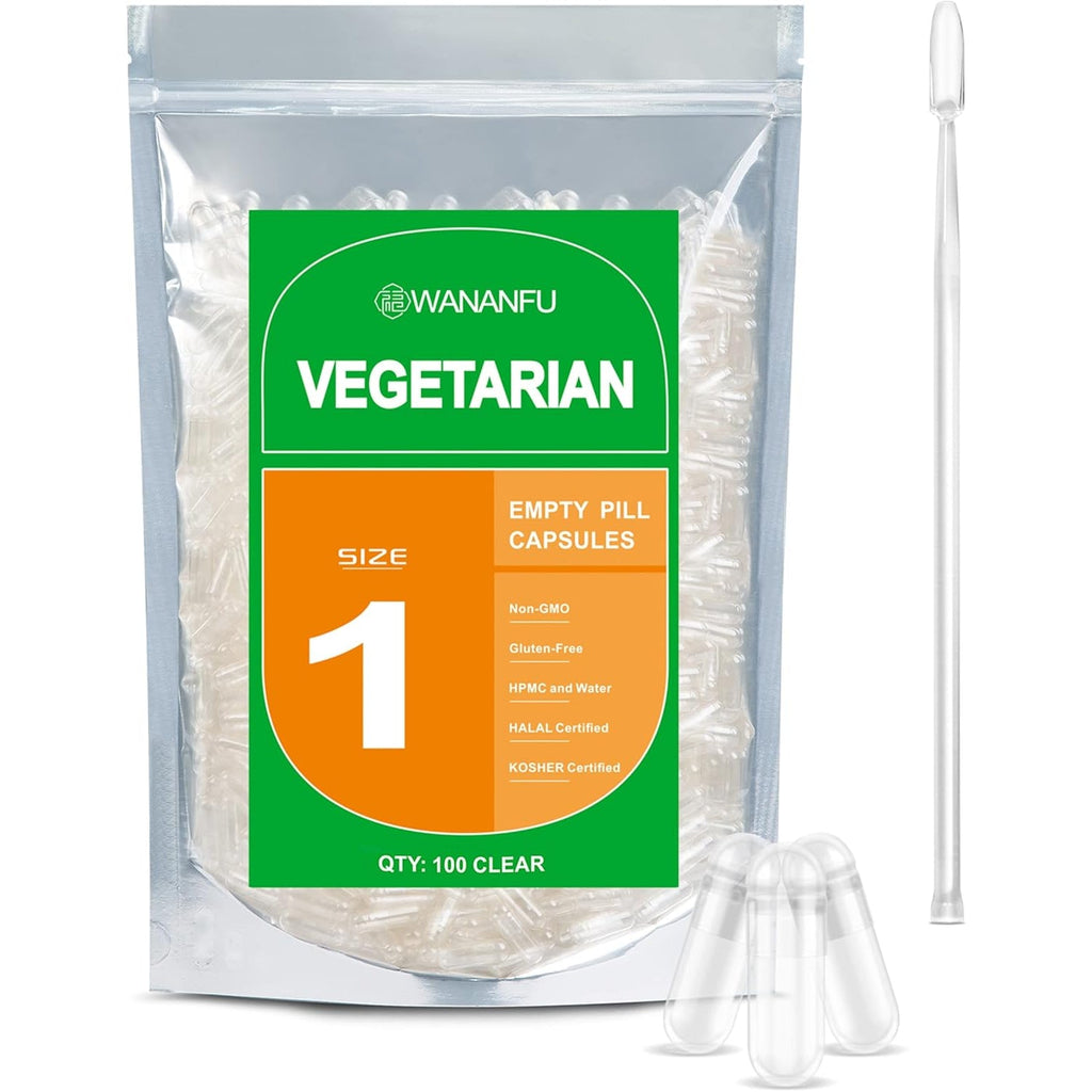 Wananfu Size 1 Empty Capsules Vegetarian (100 Count) Bundle with Micro Lab Spoon, Clear Fillable Veggie Pill Capsules Size 1 for Making Your Own Supplements