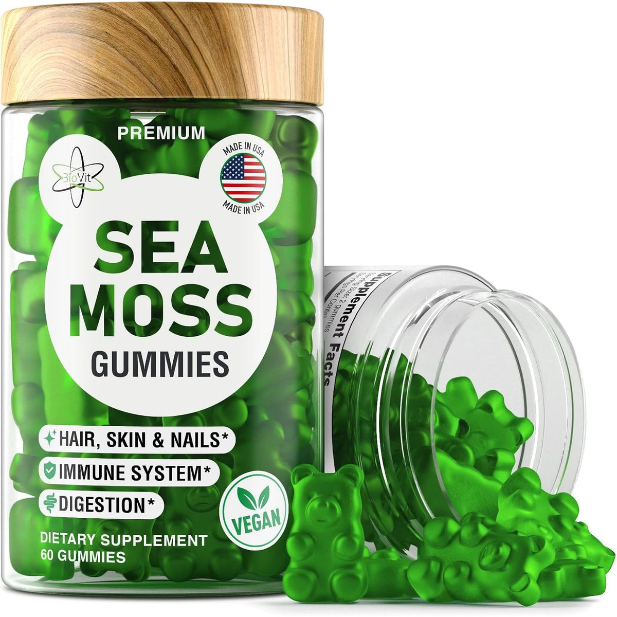 Biovit Sea Moss Gummies - Wildcrafted Irish Sea Moss for Adults & Kids - Seamoss Gel with Bladderwrack & Burdock Root Extract - 60 Vegan Gummies