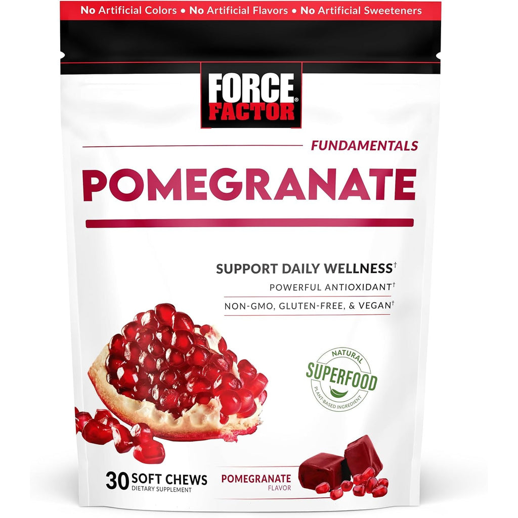 Force Factor Pomegranate Soft Chews for Healthy Aging, Heart, Bone, & Brain Health, Made with Real & Premium Pomegranate Juice Powder, Non-Gmo, Gluten-Free, Vegan, Pomegranate Flavor, 30 Soft Chews