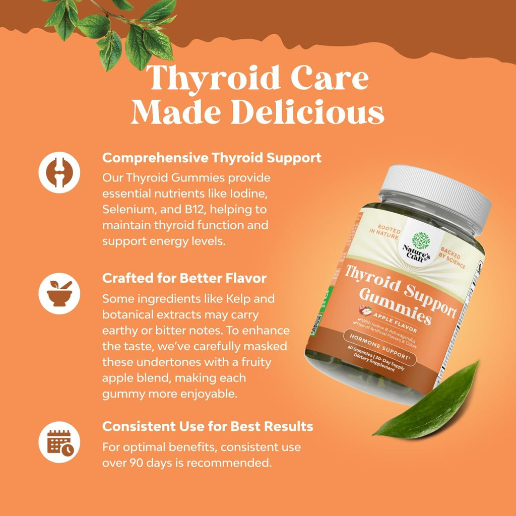 Natures Craft Thyroid Support Gummies - Thyroid Support Gummies for Comprehensive Support for Men and Women with Iodine Selenium and Other Potent Vitamins - Gelatin-Free Non-Gmo - 60 Count