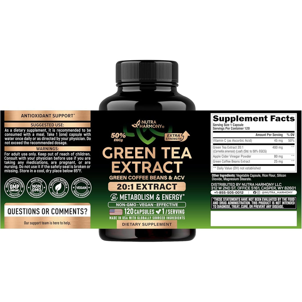 Green Tea Extract - 50% EGCG, Extra Strength 20:1 Extract - Natural Green Tea Supplement + Green Coffee Beans & Apple Cider Vinegar - Energy & Metabolism Support - for Men & Women - Vegan 120 Capsules