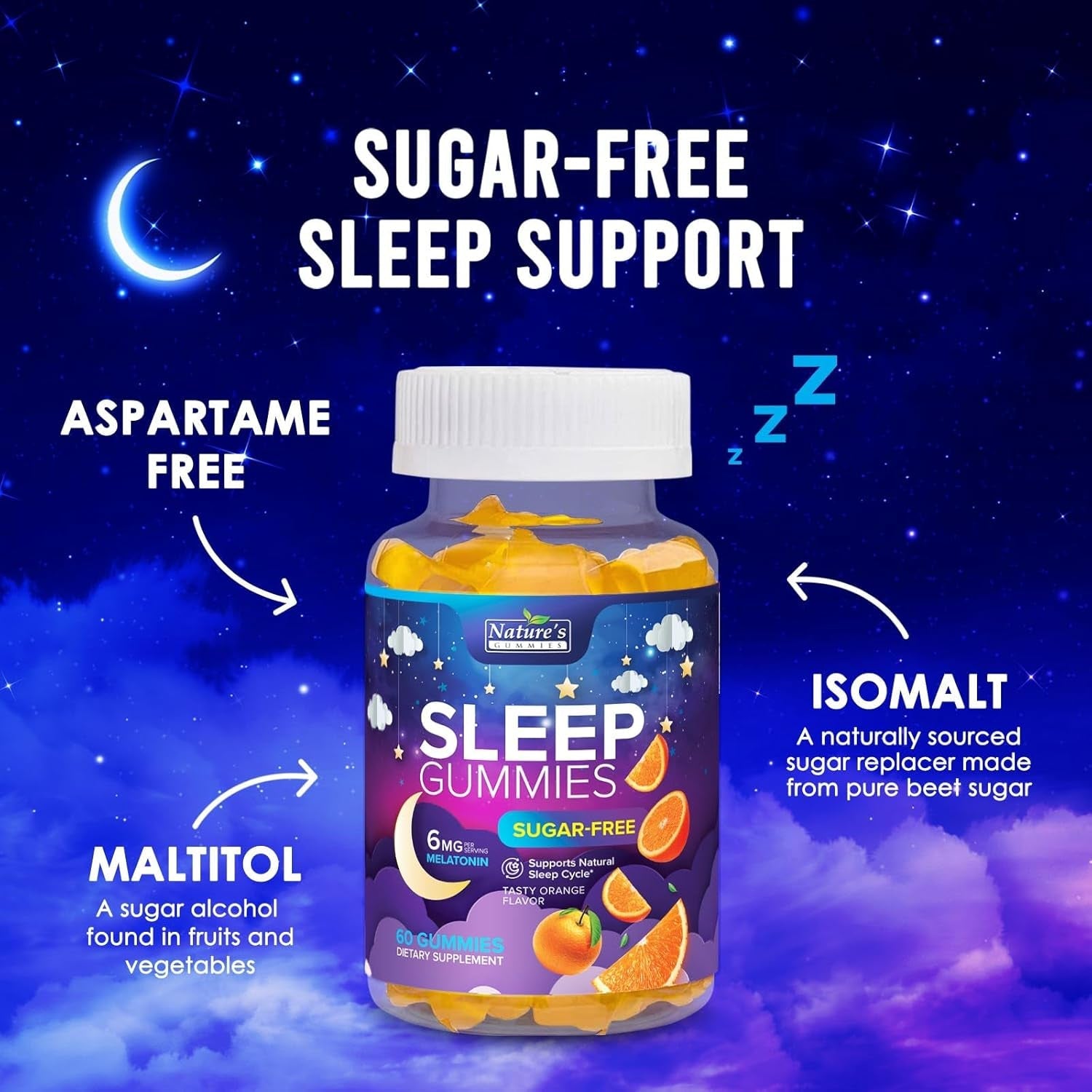 Sleep Gummies for Adults - Sugar Free Melatonin 6 MG per Serving Gummy Supplement - Natural Zero Sugar Sleeping Gummy for Adults & Kids, Orange Flavored, Extra Strength Sleep Support - 60 Gummies