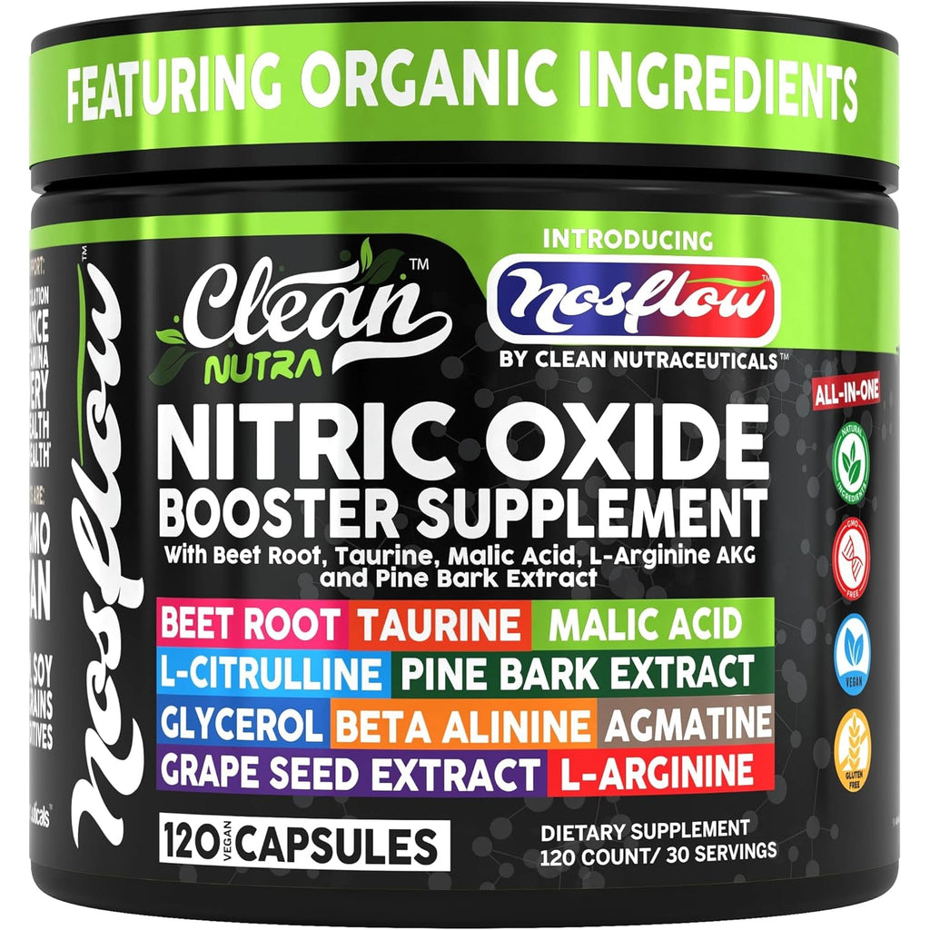 Nosflow Nitric Oxide Supplements for Men | Beet Root Taurine L-Arginine Malic Acid L-Arginine L-Citrulline Pine Bark Glycerol Agmatine Grape Seed Vitamin C B12 B3 by Clean Nutra
