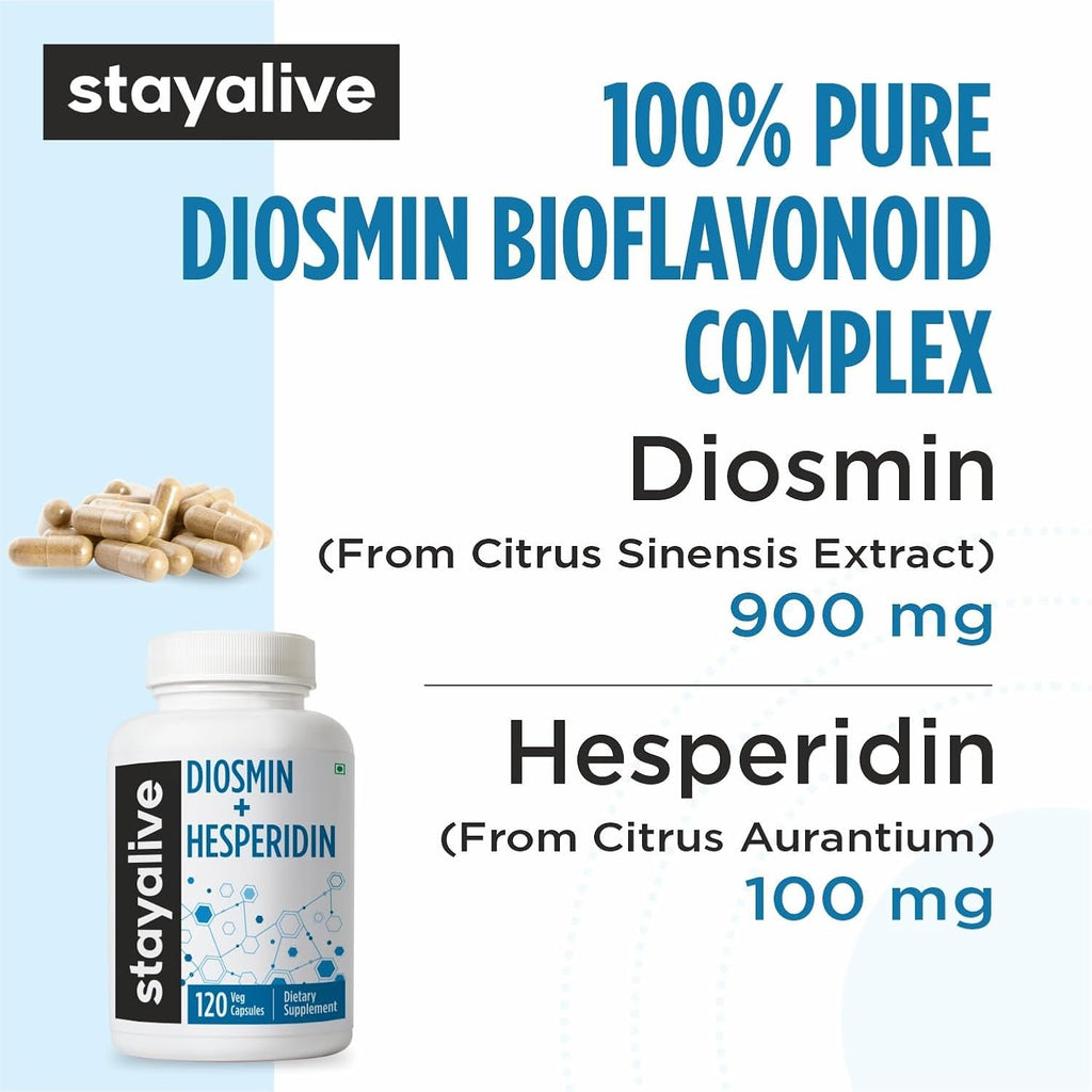 STAY ALIVE Diosmin Hesperidin 1000Mg Complex, 120 Count, Citrus Bioflavonoids Rich Fruit Extract, 2 Month Supply, 100% Vegetarian, Non-Gmo & Gluten Free Hesperidin and Diosmin Supplement Capsules