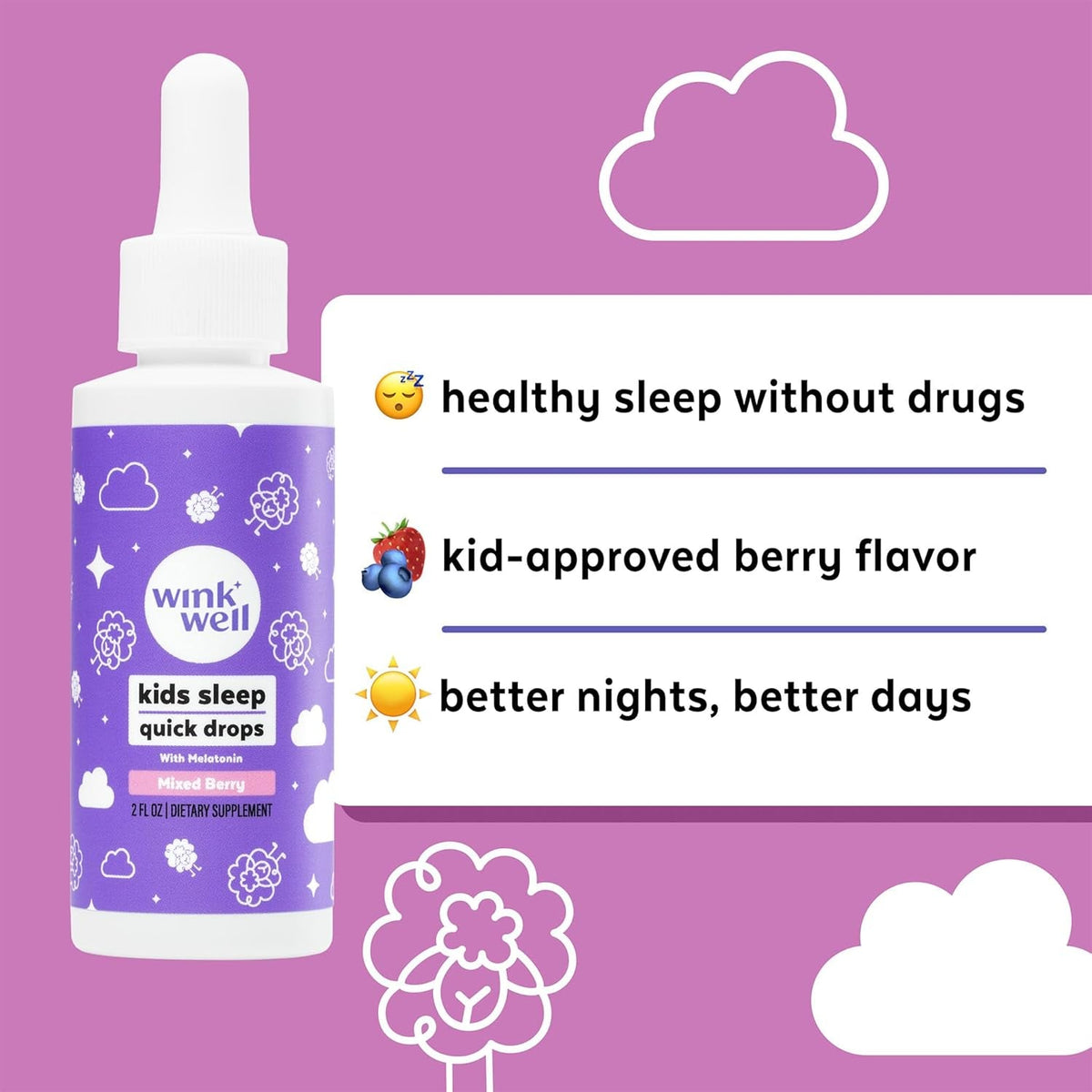 Wink Well Kids Liquid Melatonin Drops- Natural Sleep Drops for Toddlers and Teens Sleep Aid with 1Mg per Serving-Non-Addictive Children'S Liquid Melatonin- 2 Oz
