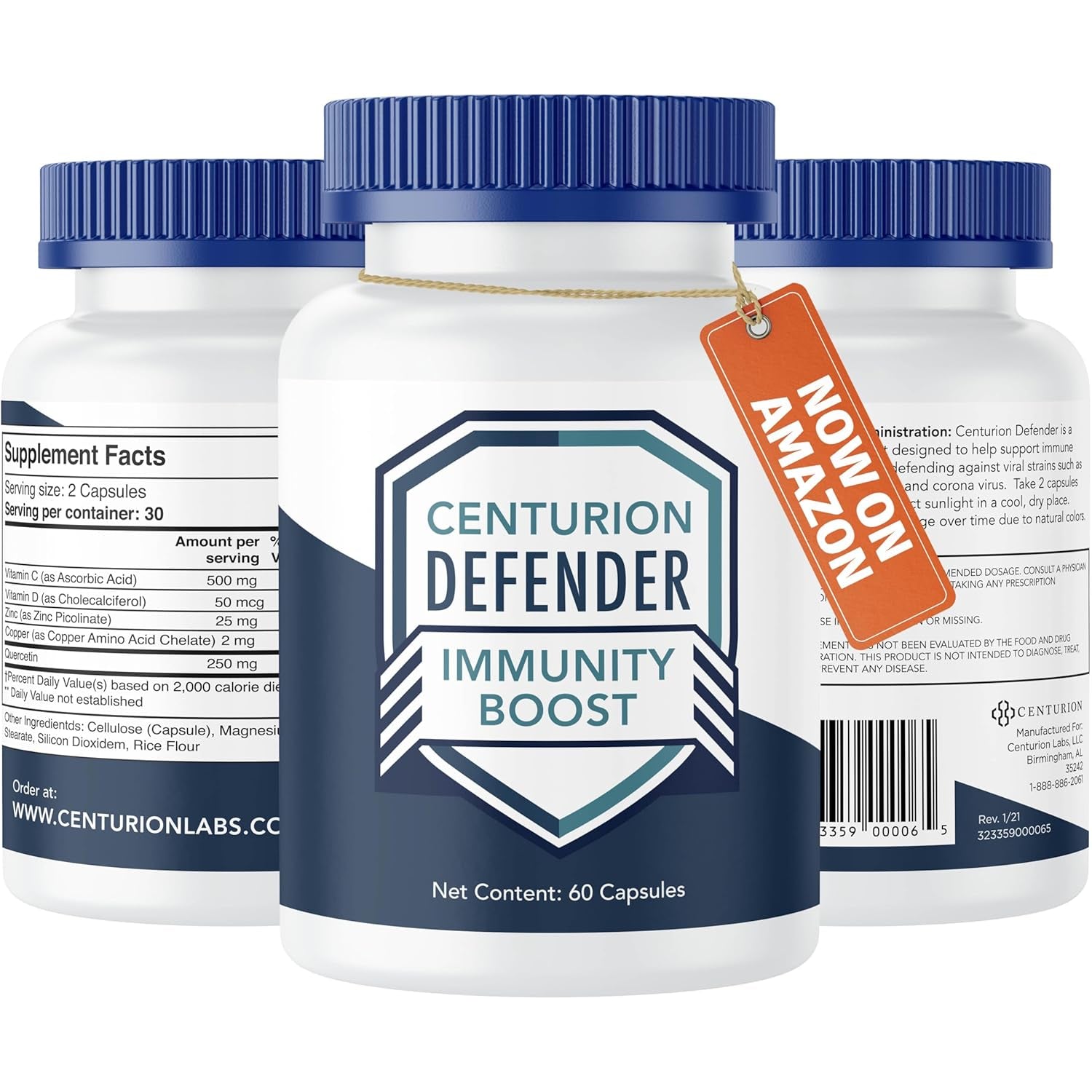Centurion Labs Defender Immunity Boost, 5-In-1 Powerful Blend of Quercetin, Zinc, Vitamin D, Vitamin C, Copper to Help Support Overall Health, 60 Caps