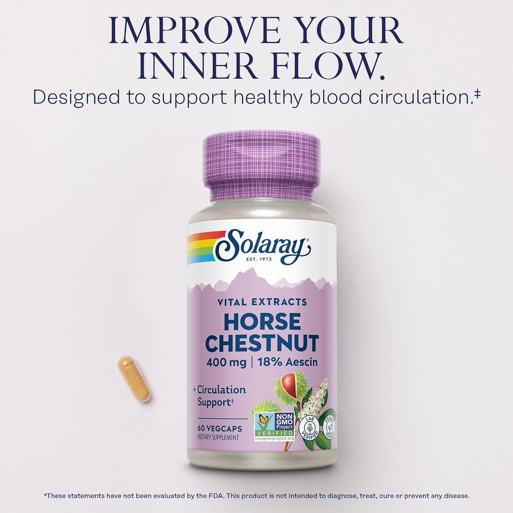 Solaray Horse Chestnut Extract 400 Mg - Standardized to 72 Mg Aescin - with 55 Mg of Butchers Broom - Vein and Blood Circulation Supplements - Vegan, Non-Gmo, 60-Day Guarantee, 60 Servings, 60 Vegcaps