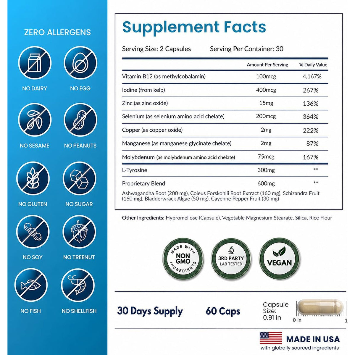 Thyroid Support for Women and Men with Iodine - Energy, Focus & Power Thyroid Supplement - All Natural Herbal Mineral and Vitamin Complex with B12, Zinc, Selenium, Ashwagandha - 60 Vegetarian Capsules