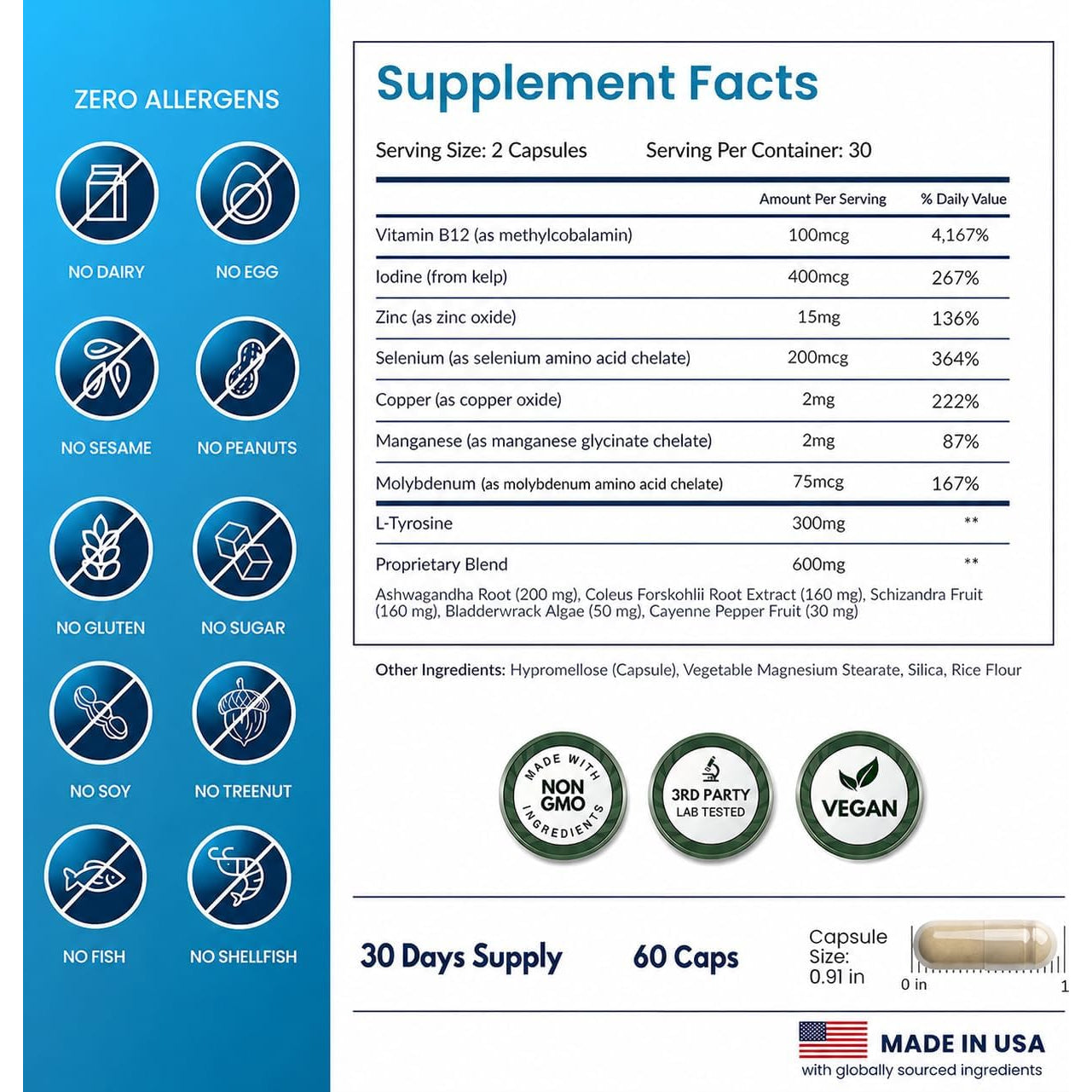 Thyroid Support for Women and Men with Iodine - Energy, Focus & Power Thyroid Supplement - All Natural Herbal Mineral and Vitamin Complex with B12, Zinc, Selenium, Ashwagandha - 60 Vegetarian Capsules