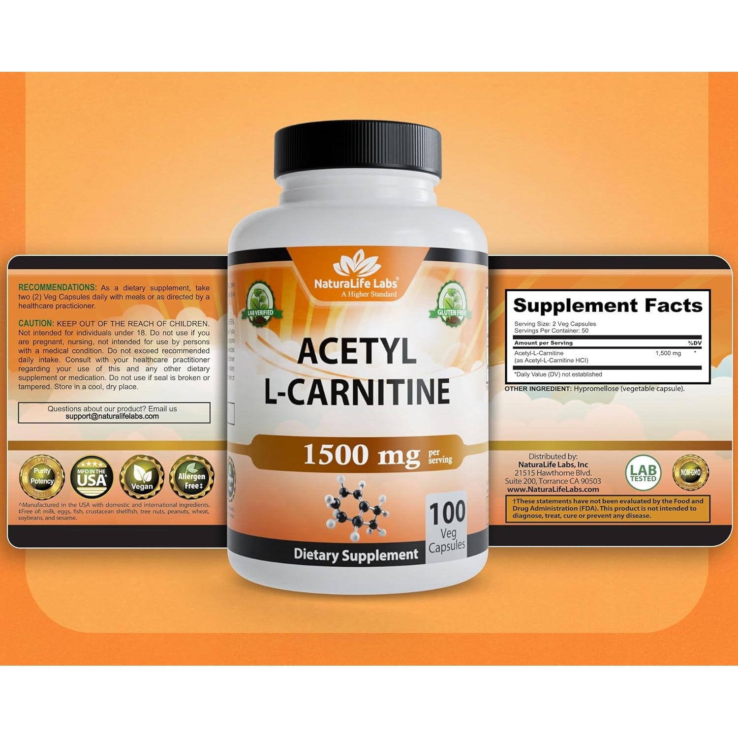 Naturalife Labs Acetyl L-Carnitine (ALCAR) 1500 Mg per Serving – 100 Capsules – Non-Gmo, Gluten-Free, Vegan
