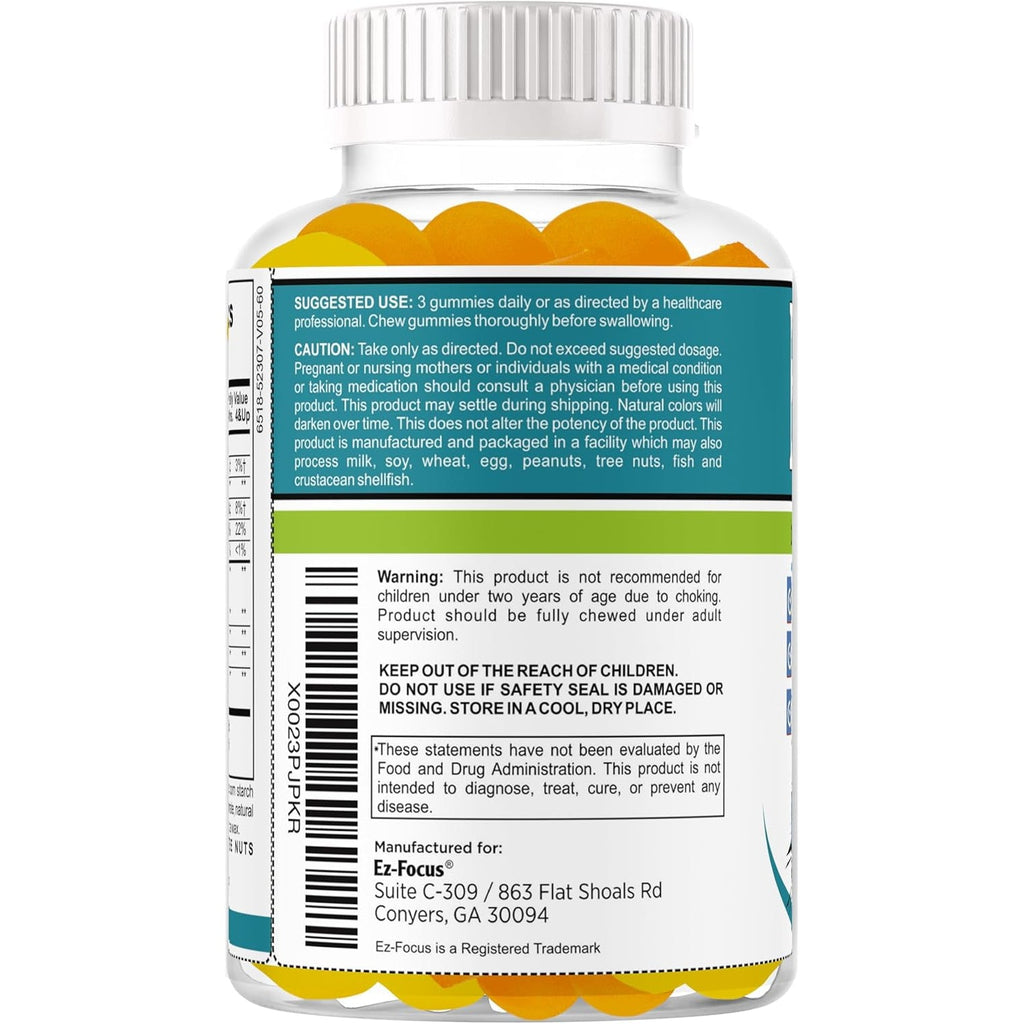 Ez-Focus Gummies for Kids, Teens and Youth – Brain Focus, Memory & Attention Support, DHA & Omega-3 for Kids, Concentration and Focus Supplement, Calm and Study Brain Vitamins 60 Ct