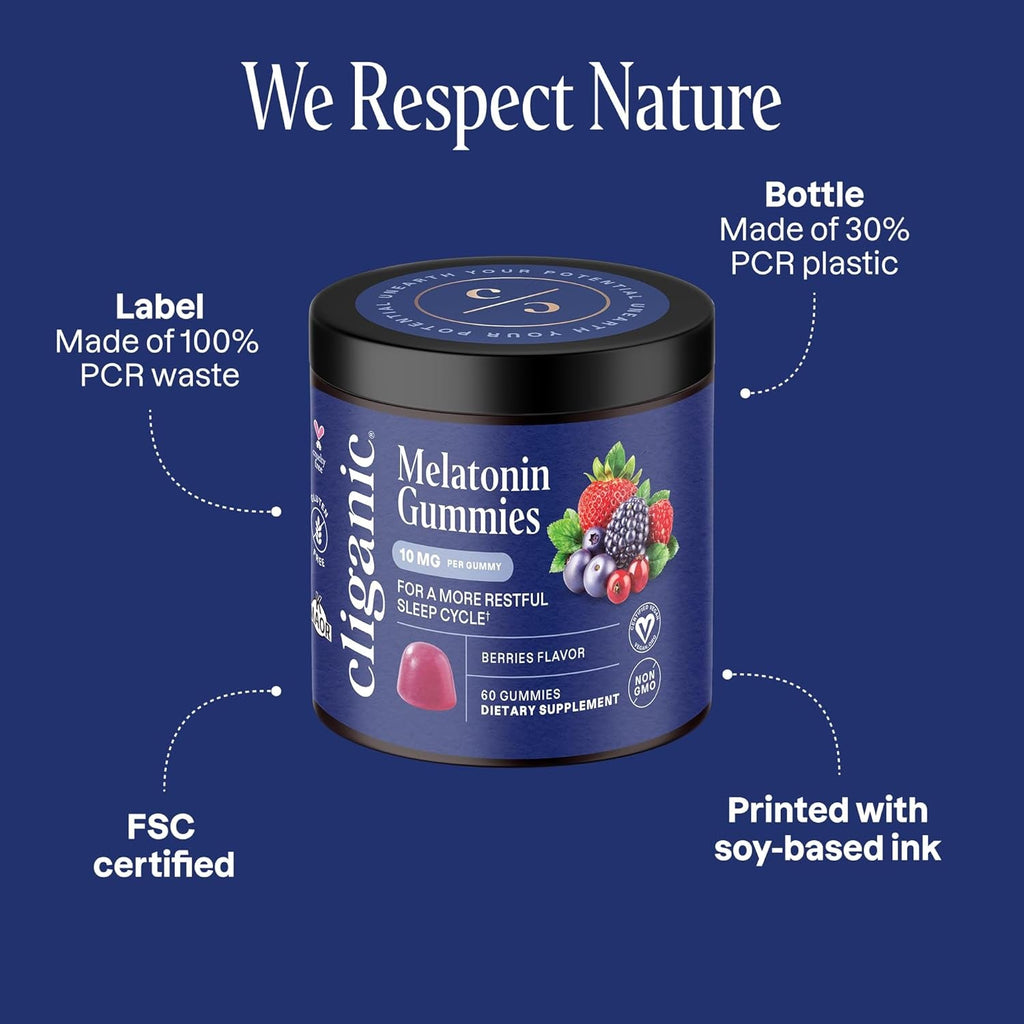 Cliganic Melatonin Gummies (10 Mg, 60-Day Supply) - Adult Sleep Aid, Berry Flavor, Vegan, Non-Gmo, Kosher, Gluten-Free Supplement, Helps Regulate Circadian Rhythm & Promotes Peaceful Nights