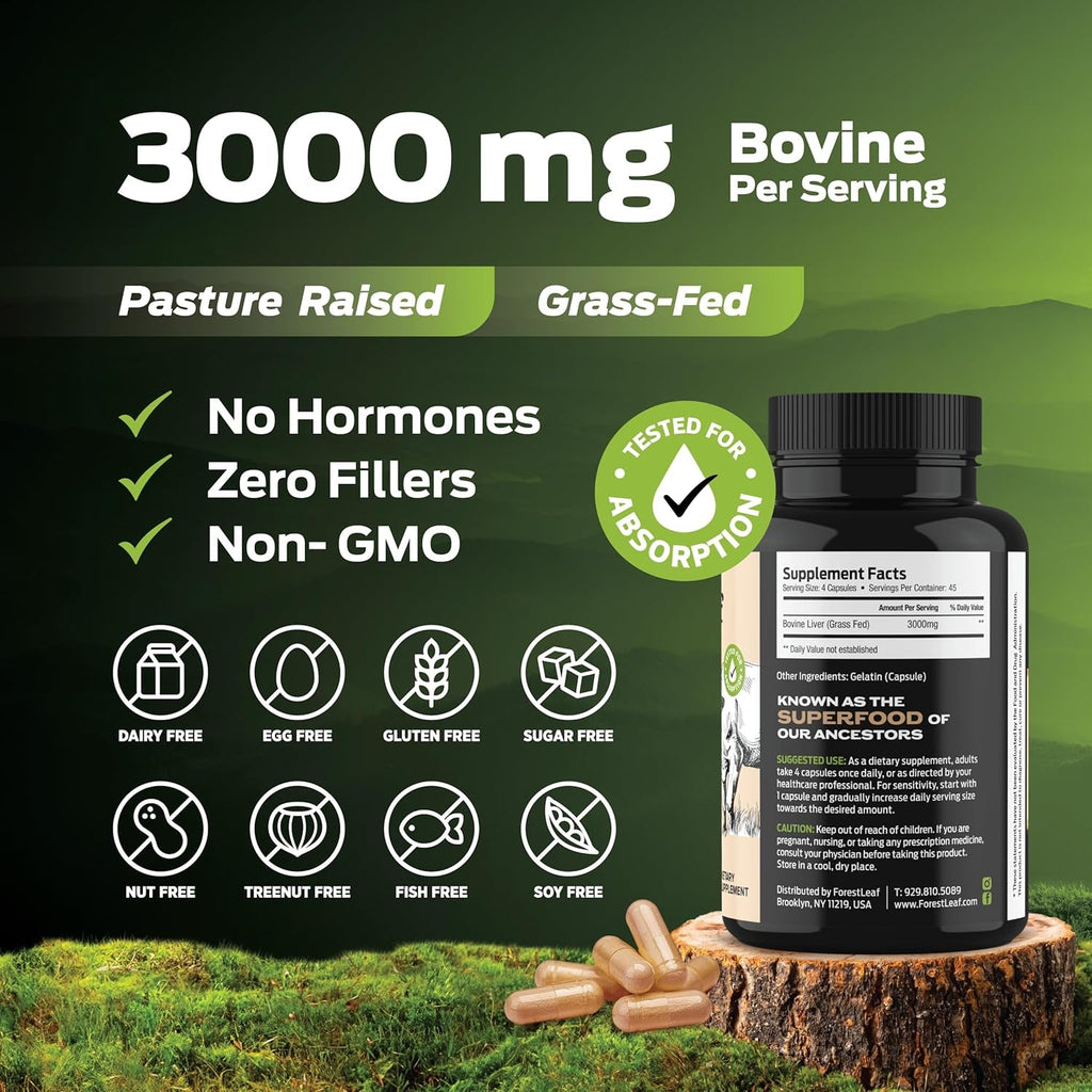 Forestleaf Grass Fed Beef Liver Capsules, 3000Mg per Serving, Supports Immunity & Body Wellness, Cleansing, Digestion, Natural Iron, Vitamin a and B12, Freeze Dried Beef Liver Supplement, 180 Caps