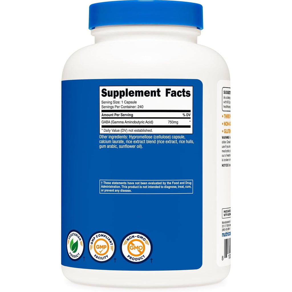 Nutricost GABA (Gamma Aminobutyric Acid) 750Mg, 240 Capsules, 240 Servings - Non-Gmo, Gluten Free