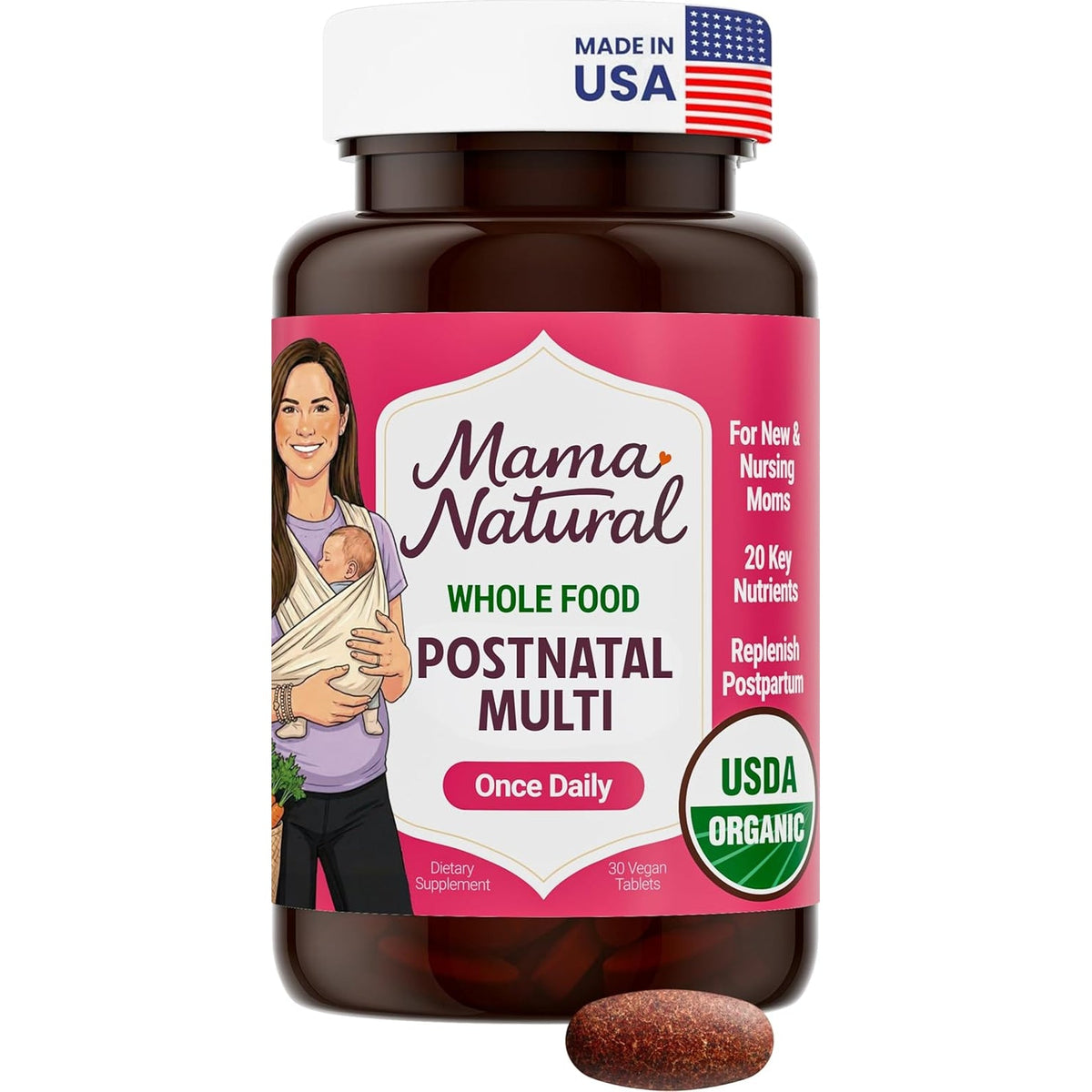 Mama Natural Organic Postnatal Vitamins for Women | One a Day Whole Food Postnatal Multivitamin for Breastfeeding & Postpartum Support | Non-Gmo with Iron, Iodine & Moringa | 30 Servings