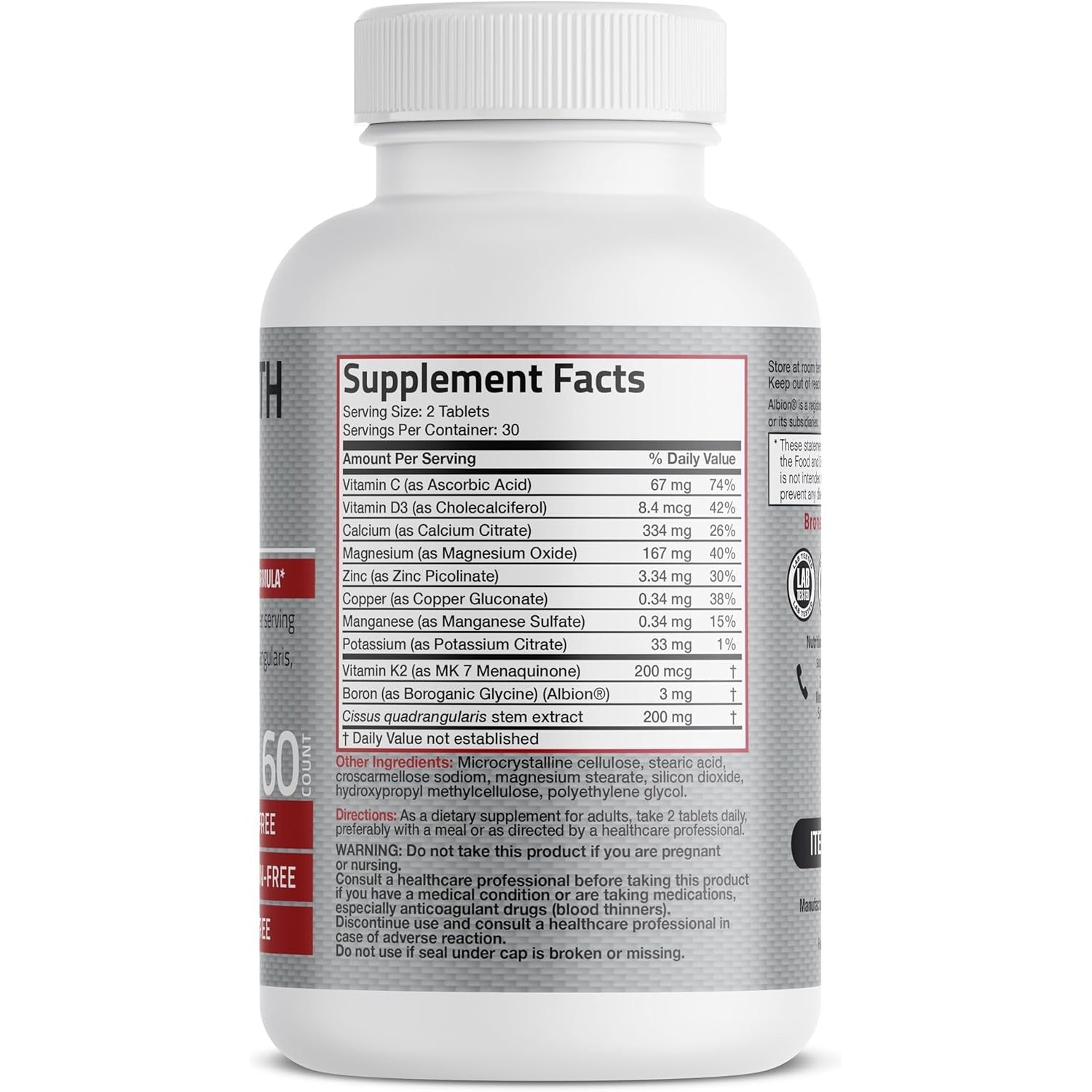 Bronson Bone Health & Strength Complex* High Potency Formula 200 MCG of Vitamin K2 as MK7, plus Calcium, Boron, Cissus Quadrangularis, Magnesium, Vitamin D3, and More - Non-Gmo, 60 Tablets