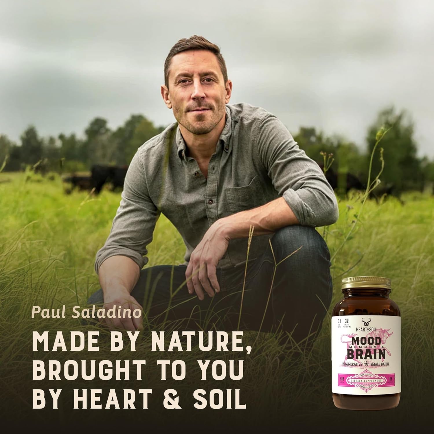 HEART & SOIL – 100% Grass Fed & Finished Beef Brain Supplement from Regenerative Cattle – for Cognitive Function & Memory – 3000Mg Focus Supplement with Beef Organs – Glass Bottle – 180 Capsules