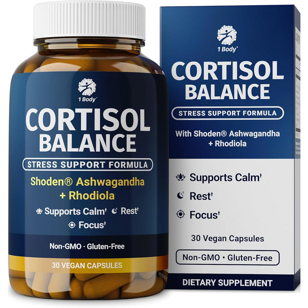 1 Body Cortisol Support for Women & Men – Ashwagandha, Phosphatidylserine & Saffron – Stress Relief, Calm Mood, Balanced Energy & Sleep Support – Vegan