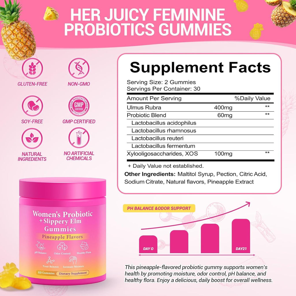 BURMINY Her Juicy Feminine Probiotics Gummies, Premium Feminine Balance Probiotics with Slippery Elm for Women'S Ph Balance and Freshness – Support Daily Wellness & Comfort 60 Pineapple Gummies