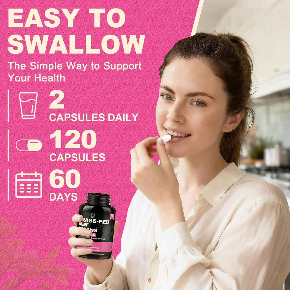 Beef Organ Supplement for Women - Beef Liver, Kidney, Heart, Uterus Tissue, Ovary | Supports Women'S Overall Energy and Wellness | Grass Fed, Pasture Raised in New Zealand, 120Ct,1P