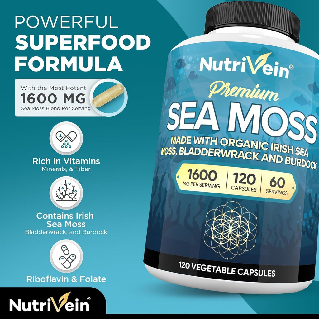 Nutrivein Organic Sea Moss 1600Mg plus Bladderwrack & Burdock - 120 Caps for Adults - Prebiotic Super-Food - Immune System & Digestive Health - Thyroid, Skin, Keto Detox, Gut, Joint Support
