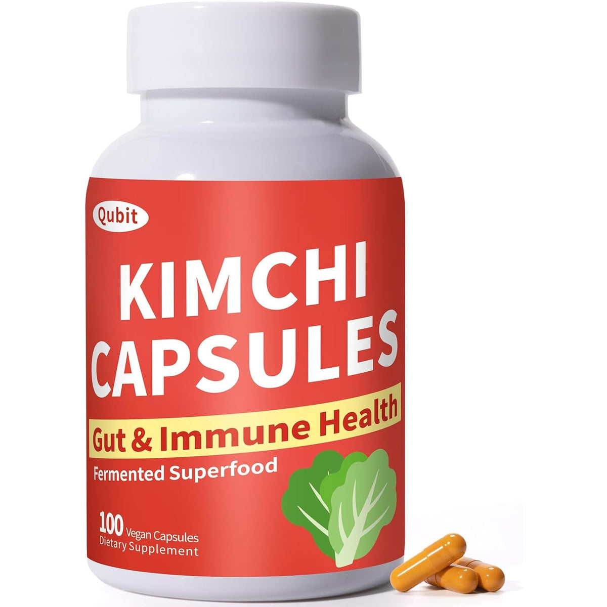 QUBIT Kimchi Capsules, Kimchi Supplement, Supports Gut, Digestive & Fullness, Taste Well, One Capsule of Fermented Superfood for Antioxidant Support, 90 Vegan Capsules, Pills