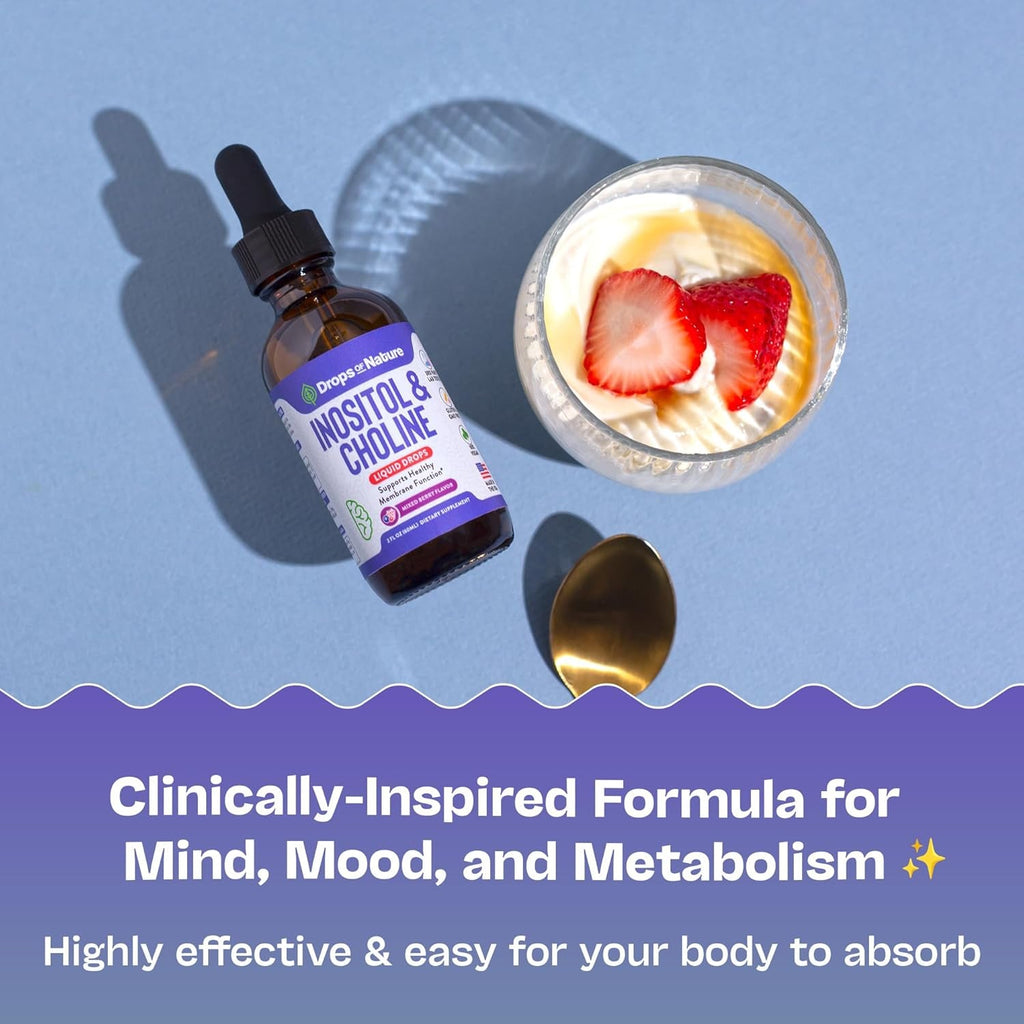 Inositol & Choline Liquid Drops – Vegan, Non-Gmo, Easy-To-Take – Enhanced Absorption Inositol Supplement – Prenatal Vitamins for Women – Supports Cellular Health & Overall Wellness (Mixed Berry, 60Ml)