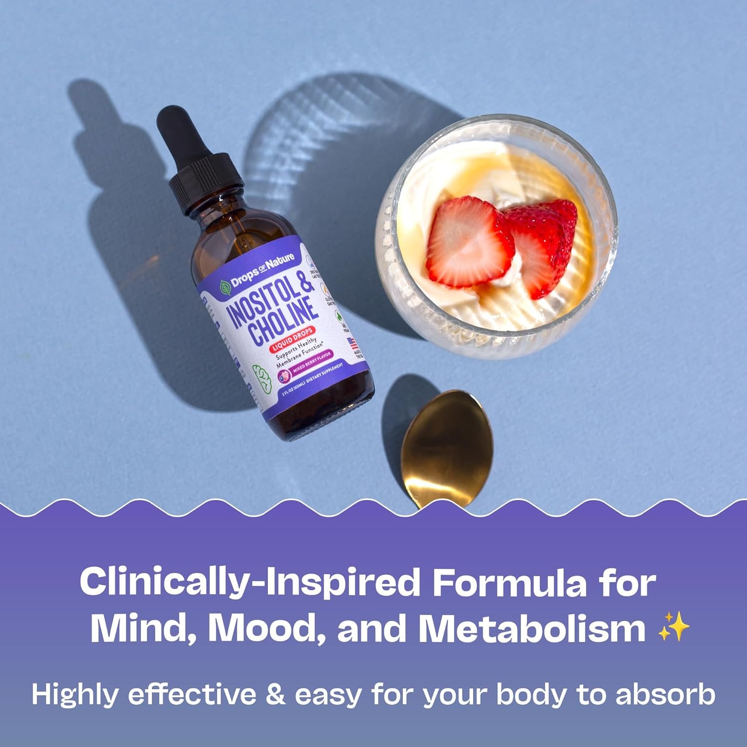Inositol & Choline Liquid Drops – Vegan, Non-Gmo, Easy-To-Take – Enhanced Absorption Inositol Supplement – Prenatal Vitamins for Women – Supports Cellular Health & Overall Wellness (Mixed Berry, 60Ml)