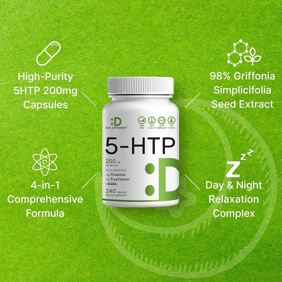 Deal Supplement 5-HTP 200Mg per Serving, 240 Capsules, 98% African Derived Griffonia Seed Extract | 4 in 1 Formula | plus Active L Theanine, L Tryptophan, & GABA | Relaxation Support Supplement