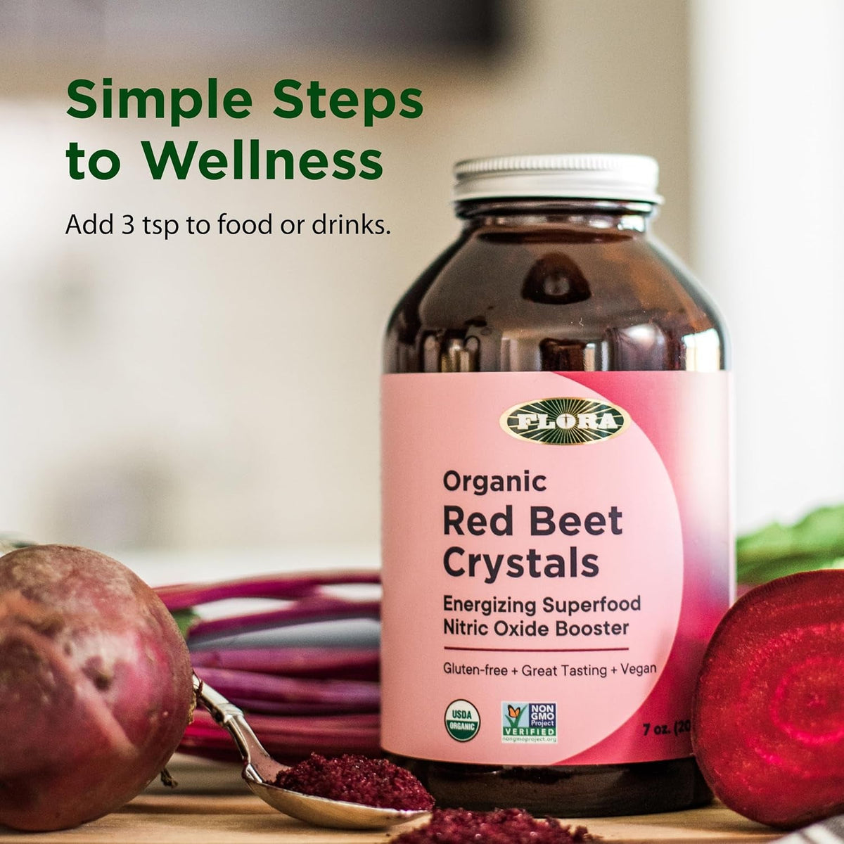 Flora - Organic Red Beet Crystals, Energizing Superfood, Nitric Oxide Booster, Vegan, Equals 5.5 Lbs. of Red Beets, Pressed from Fresh Harvested Organic Beets, 7-Oz. Powder
