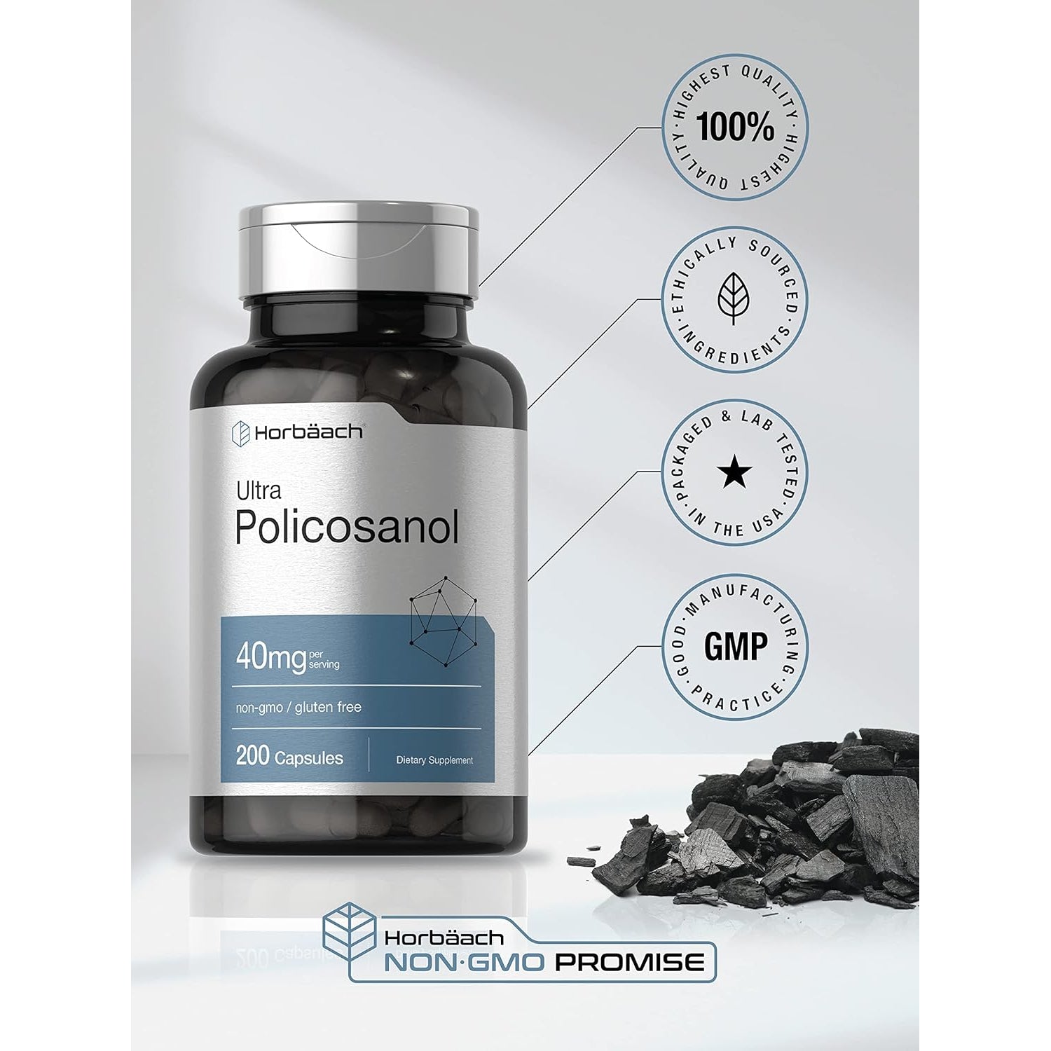 Horbäach Policosanol 40Mg | 200 Capsules | Non-Gmo and Gluten Free Supplement