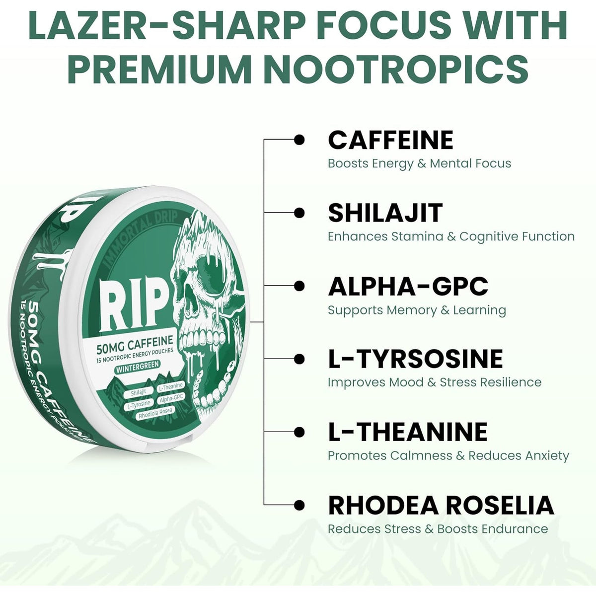 Immortal Drip RIP Nootropic Energy Pouches (Wintergreen) – 5 Cans – 15 Pouches per Can – Clean Energy & Focus Support – 50Mg Caffeine, Shilajit, Alpha-Gpc, L-Tyrosine, Rhodiola