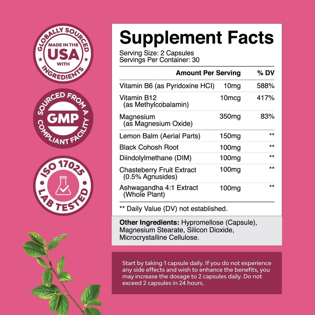 PMS Support Supplement for Women – Hormone Balance for Women & Menstrual Discomfort with DIM, Chasteberry, Black Cohosh & Ashwagandha - for Period Cramps Ease, Menopause Bloating, Mood Swing – 60 Ct