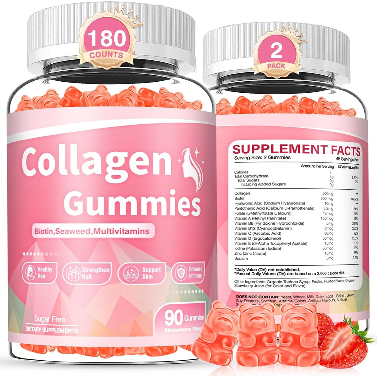 180 Count Collagen Gummies Collagen Protein Type I II III V X with Biotin Vitamin C a B D E Keratin Hyaluronic Acid for Hair Skin Nails Joint Immune Digestion Women Men Sugar Free Strawberry