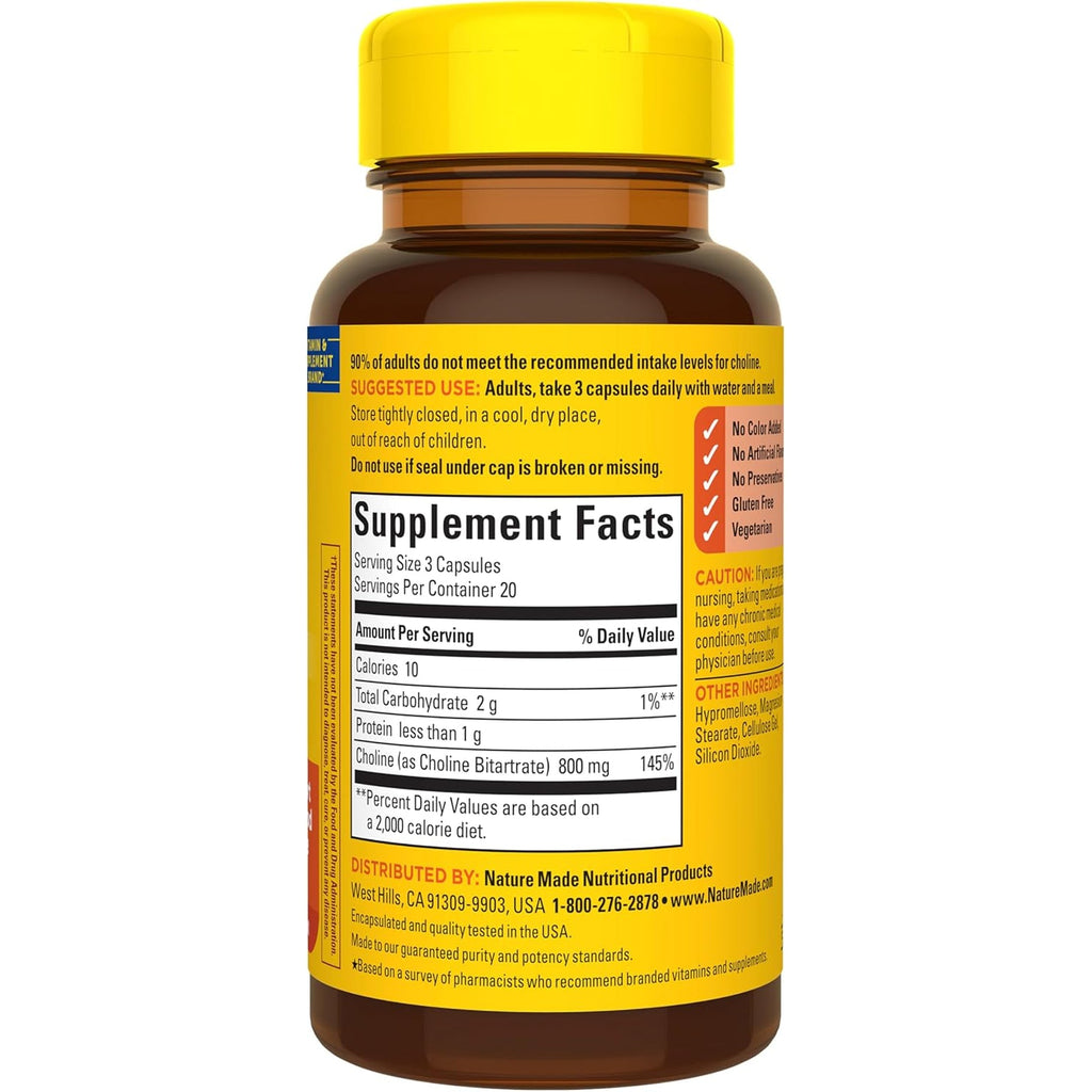 Nature Made Extra Strength Dosage Choline Supplements 800 Mg per 3 Capsules, Brain Health, Mood, Muscle & Liver Support, Vegetarian, 60 Capsules, 20 Day Supply