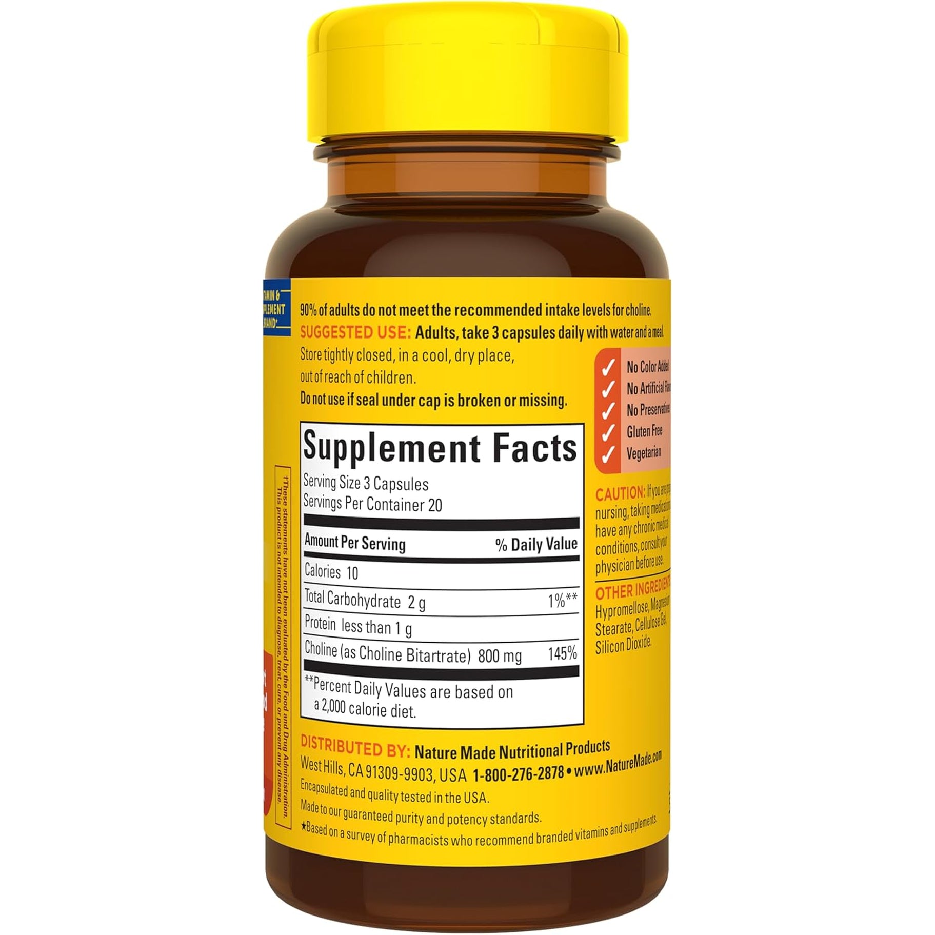 Nature Made Extra Strength Dosage Choline Supplements 800 Mg per 3 Capsules, Brain Health, Mood, Muscle & Liver Support, Vegetarian, 60 Capsules, 20 Day Supply