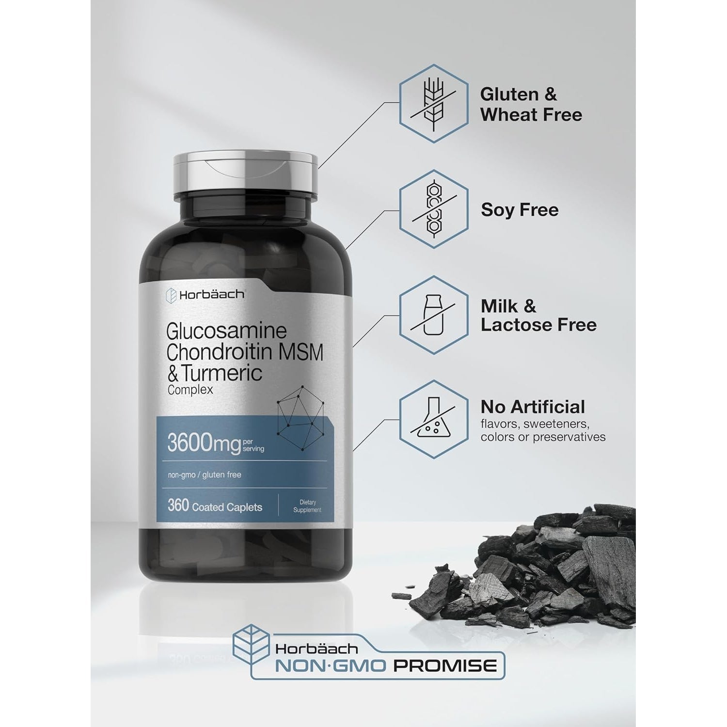 Horbäach Glucosamine Chondroitin MSM | 360 Caplets | Advanced Formula with Turmeric | Non-Gmo, Gluten Free