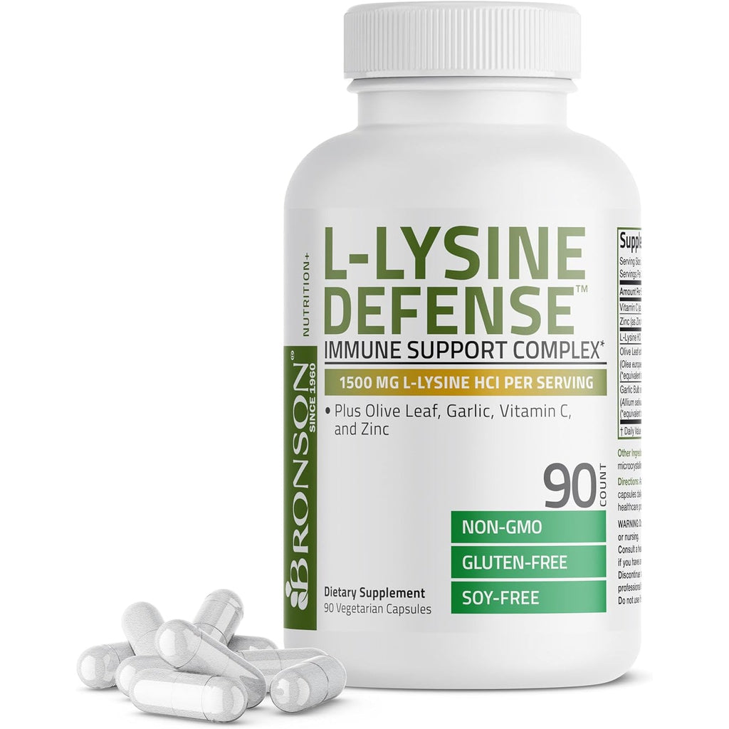 Bronson L-Lysine Defense Immune Support Complex 1500 MG L-Lysine plus Olive Leaf, Garlic, Vitamin C and Zinc - Non-Gmo, 90 Vegetarian Capsules